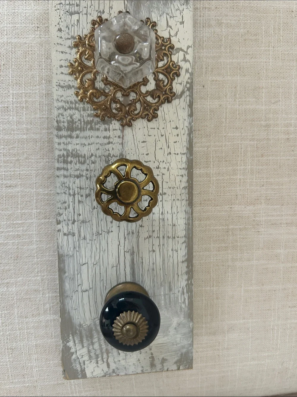 Rustic White Wood Wall Hook Rack with Mixed Glass and Metal Knobs
